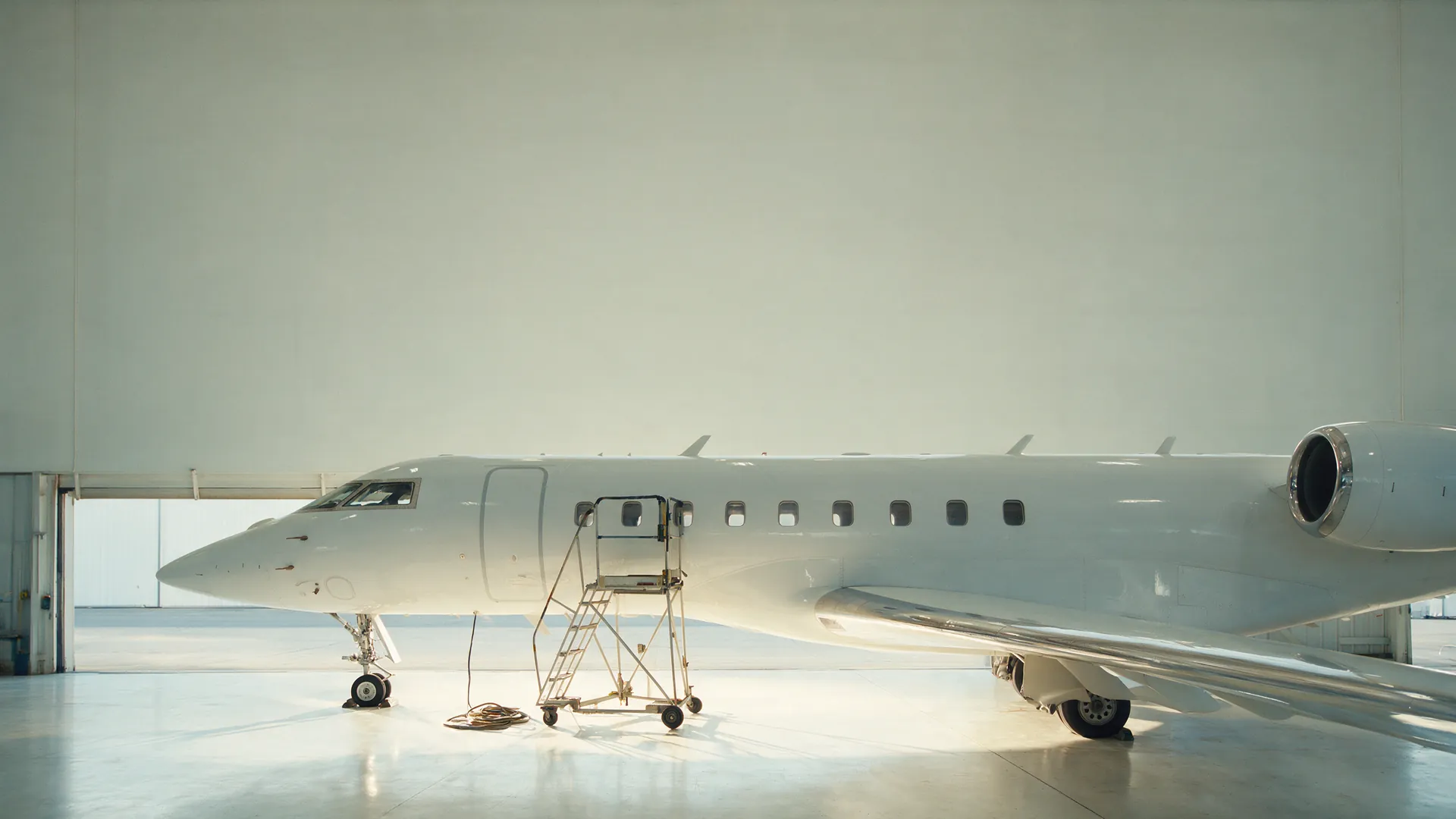 A mid-size business jet standing alone in a clean maintenance hangar, a wheeled stand and coiled ground cables alongside, with nobody present