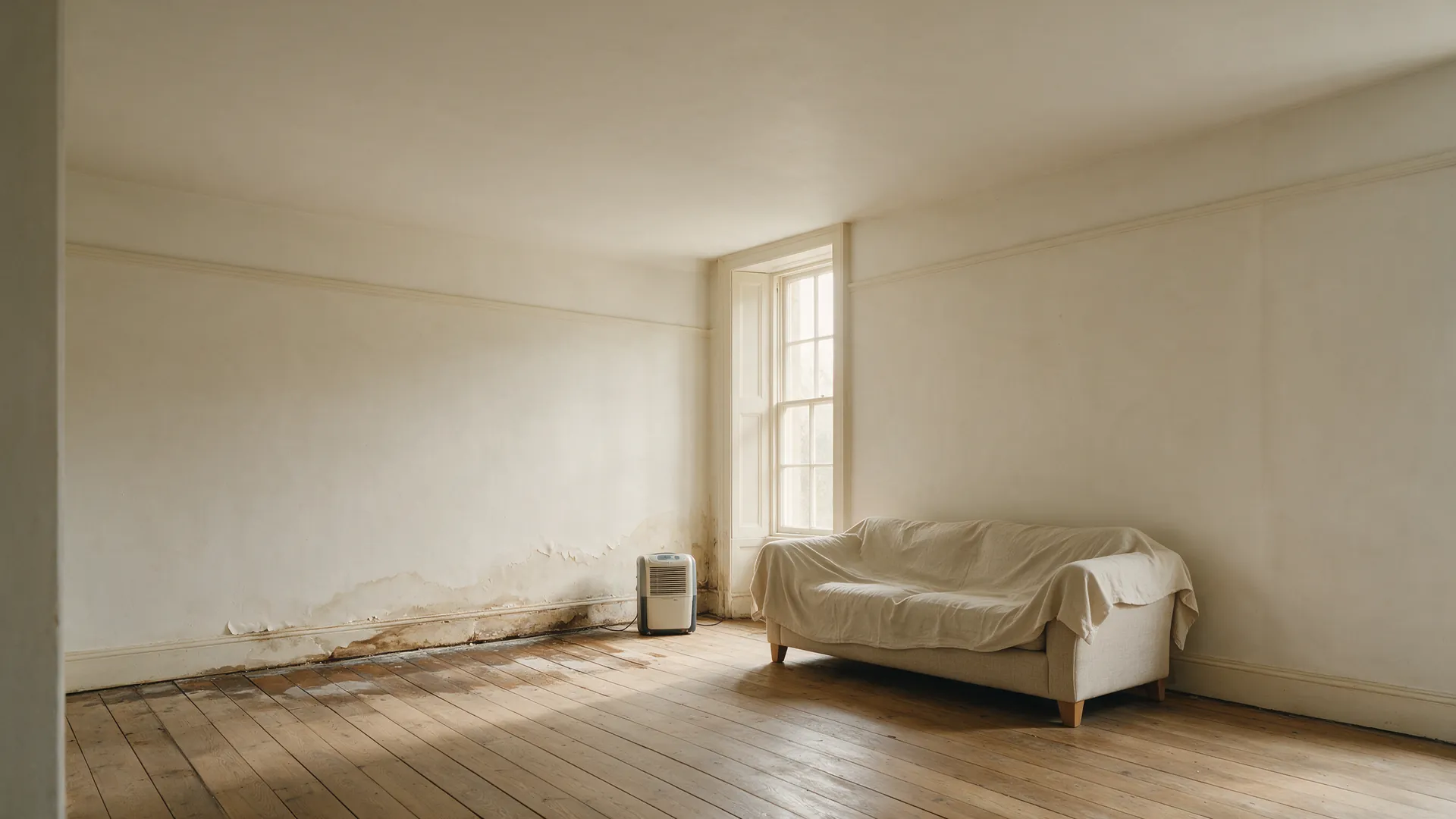 A reception room after an escape of water — a tide mark and blistered plaster along the base of one wall, cupped floorboards, a sheeted sofa and a dehumidifier, with nobody present