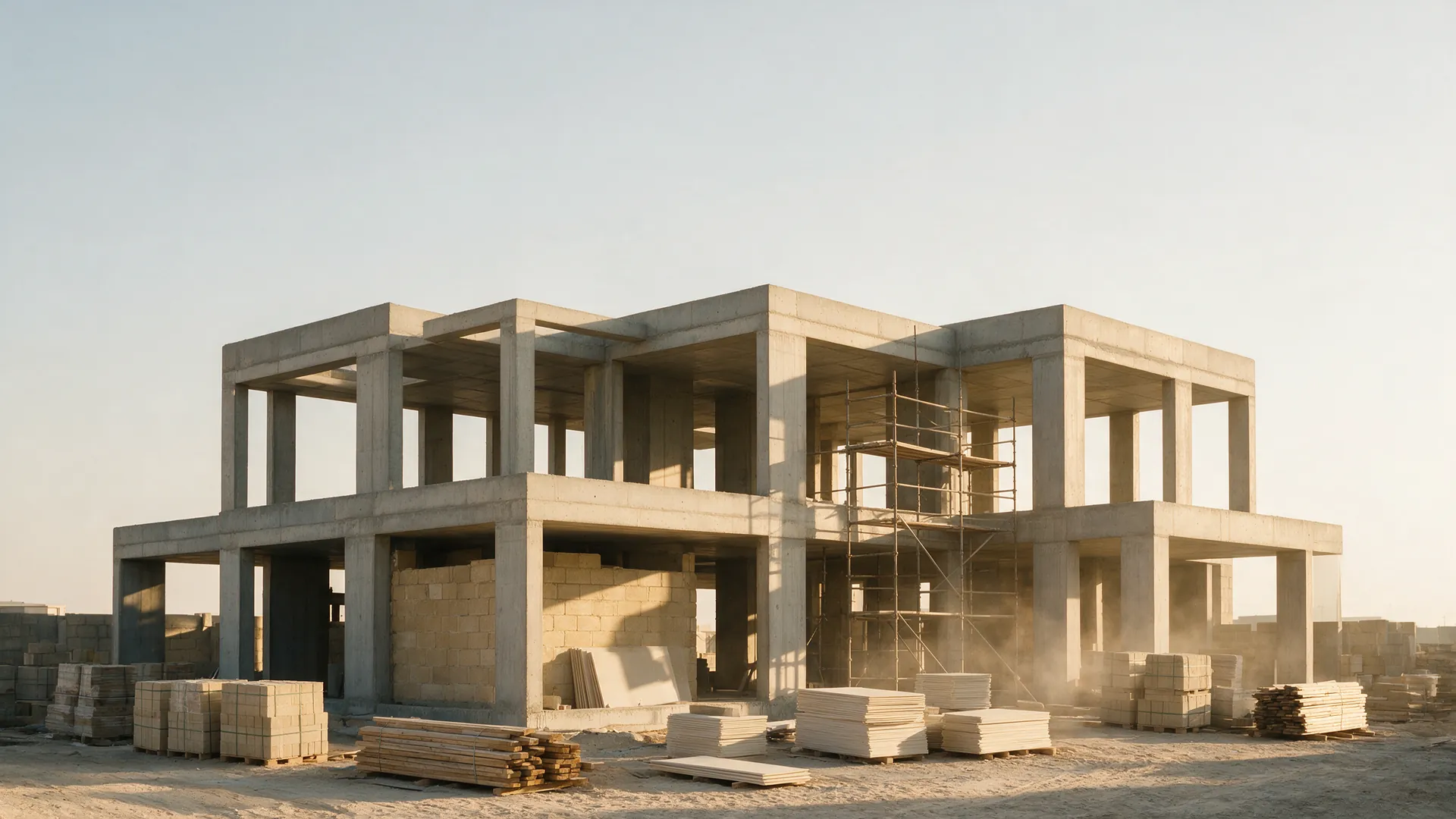 The exposed concrete frame of a villa under construction in low sun, materials stacked square on swept ground and nobody on site
