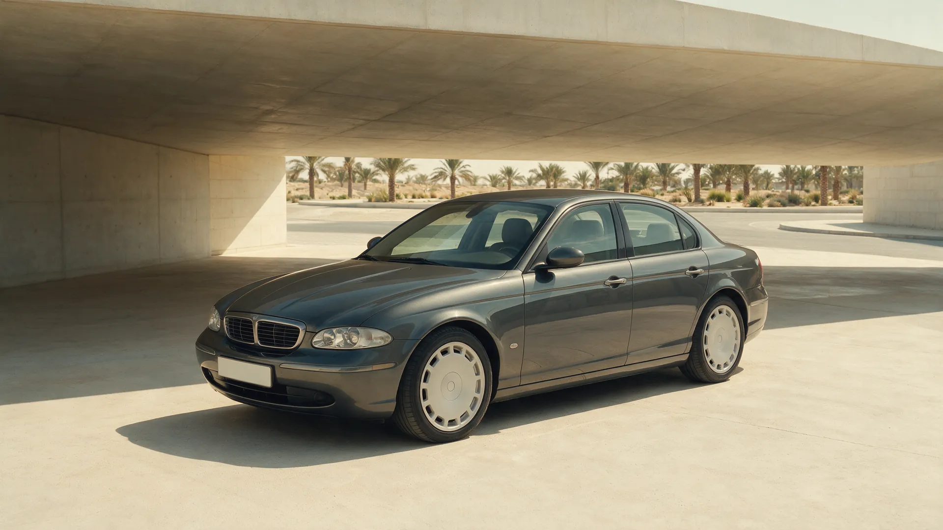 A dark executive saloon standing alone under a deep concrete canopy, palms and desert planting beyond, with nobody present