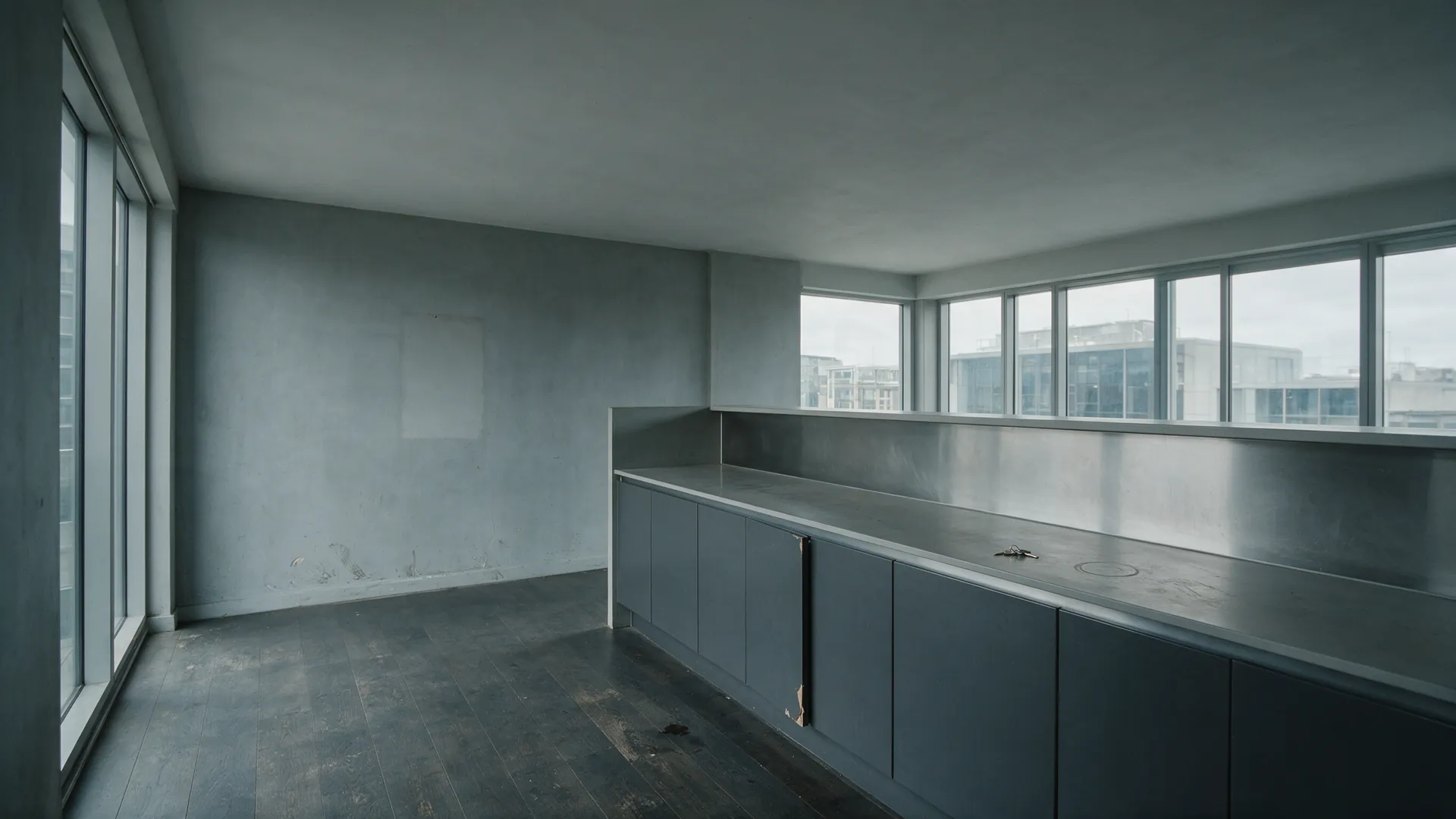 The emptied living space of a modern city apartment at the end of a tenancy — scuffed wall, a pale rectangle where a picture hung, a chipped kitchen unit and a single set of keys on the worktop, with nobody present