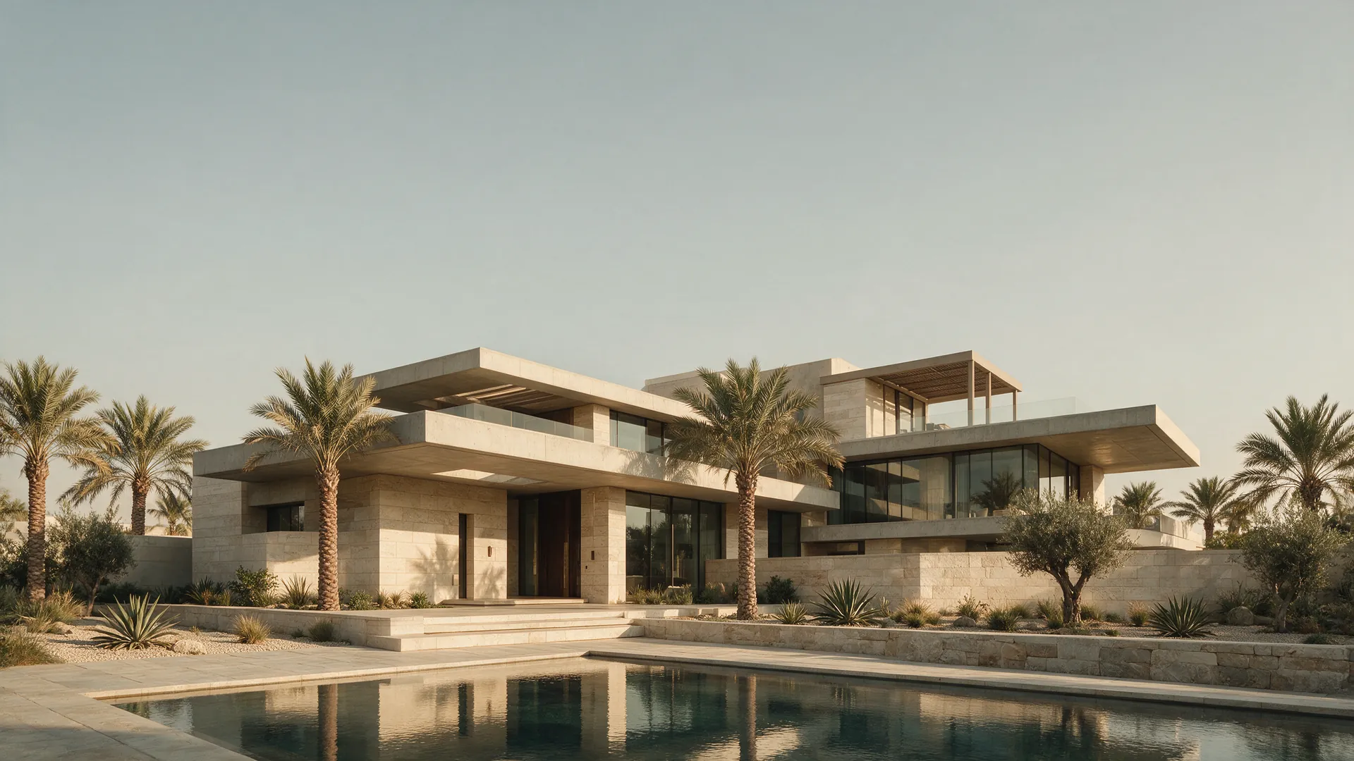 A contemporary limestone villa in the UAE seen from the garden in morning light, a still reflecting pool across the foreground and nobody present
