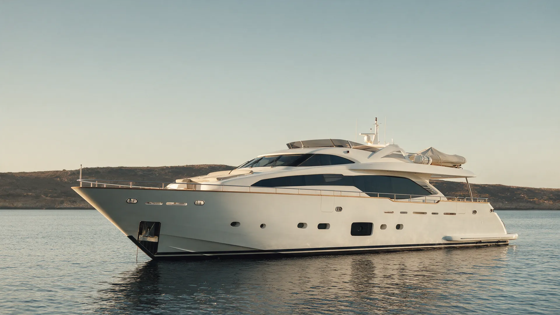 A large white motor yacht lying at anchor in calm Mediterranean water, seen from just above the surface, with nobody aboard