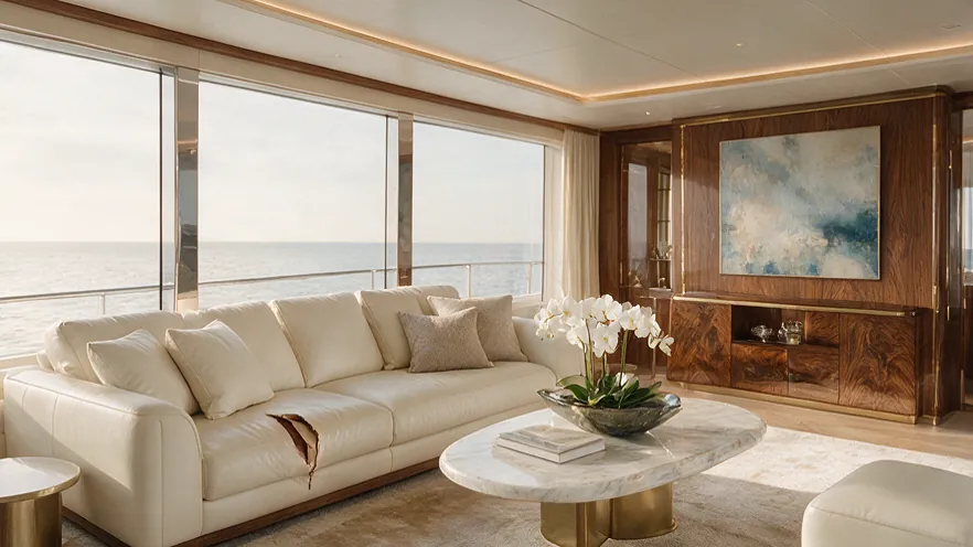 A tear across the cream leather seating in the yacht's saloon