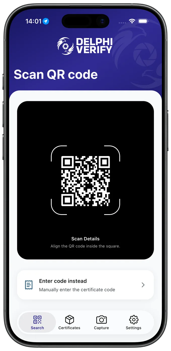 The Delphi Verify app scanning a certificate QR code